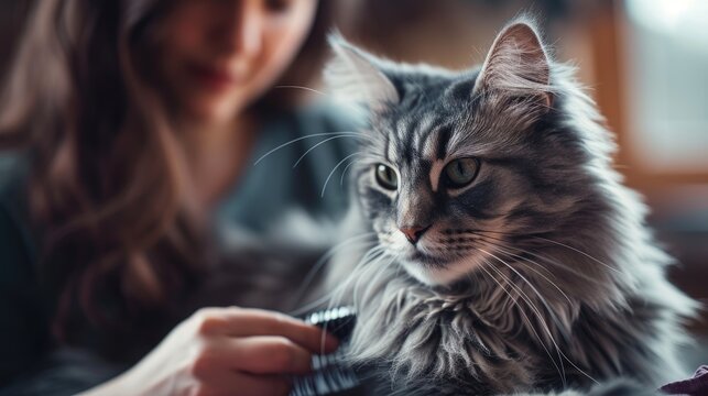 Woman pet owner brushing grooming grey fluffy cat