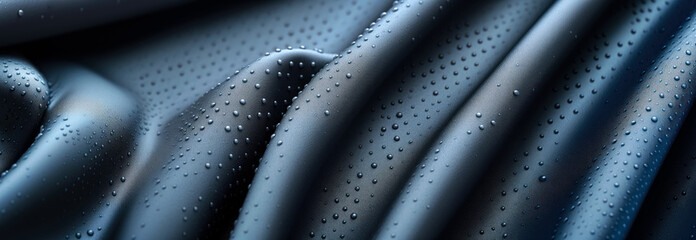Dark blue smooth textile fabric with water drops over it, closeup detail to structure - future waterproof clothing materials concept. Generative AI - obrazy, fototapety, plakaty