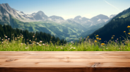 Product display Empty wooden table in front blur alpine meadows background - obrazy, fototapety, plakaty