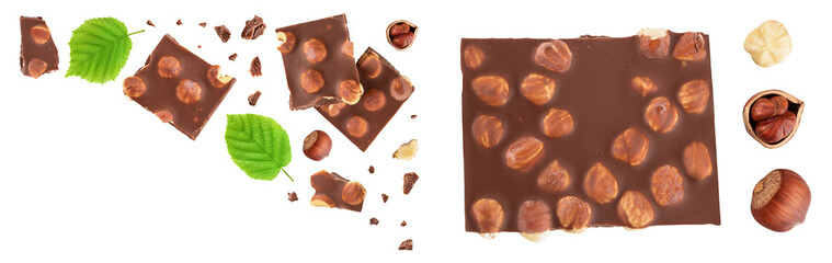 Chocolate with hazelnuts isolated on white background with full depth of field. Top view. Flat lay