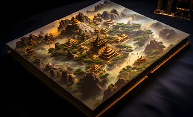Naklejka na ściany i meble Story book of Mystical landscape with ancient temples and mountain. 3D rendering