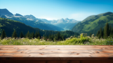 Product display Empty wooden table in front blur alpine meadows background - obrazy, fototapety, plakaty