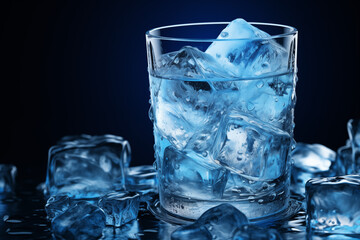 Refreshing glass of water with ice cubes against a dark backdrop. Glistening ice contrasts with the elegant darkness. Ideal for ads promoting hydration, premium beverages, or branding.