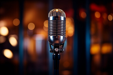 Professional large diaphragm condenser microphone on a stand, blurred dark bokeh background - obrazy, fototapety, plakaty