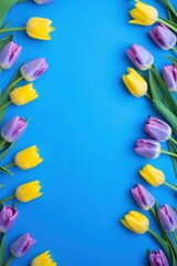 Spring tulip flowers on electric blue background top view in flat lay style