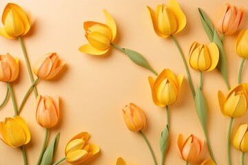 Spring tulip flowers on gold background top view in flat lay style