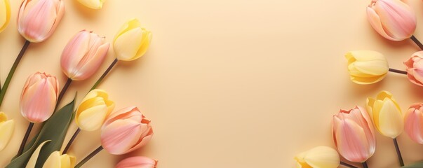 Spring tulip flowers on gold background top view in flat lay style