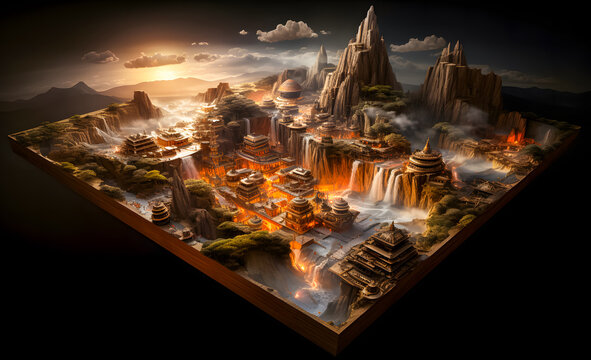 Story book of Mystical landscape with ancient temples and mountain. 3D rendering