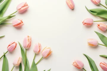 Foto op Canvas Spring tulip flowers on ivory background top view in flat lay style © GalleryGlider