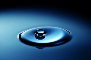 A single water drop creates a tranquil ripple on a sleek blue gradient background. The serene scene captures the water droplet's perfect symmetry and the delicate dance between light and liquid.