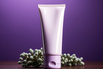  White squeeze bottle cosmetic cream tube and blueberry a lot on purple background