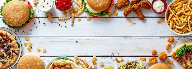Top view of Junk food. Pizza, hamburgers, chicken wings, and salty snacks on a wooden table. - obrazy, fototapety, plakaty