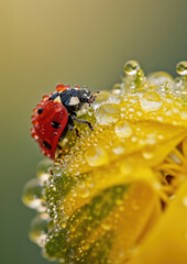Naklejka premium Close up of bright red ladybug on dewy flower petal, soft natural background