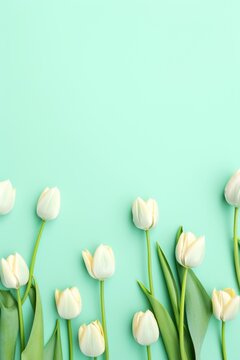 Fototapeta Spring tulip flowers on mint green background top view in flat lay style 