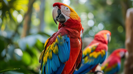 Colorful parrots perched on a vibrant branch, showcasing their brilliant plumage. Blue and Gold Macaw or Ara Ararauna and Green Winged Macaw or Ara Chloroptera cute pets colorful birds, Beautiful 