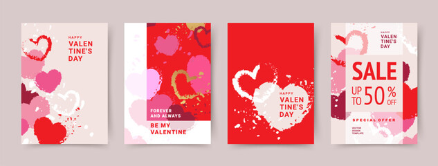 Valentine's Day vector templates for poster, greeting card, cover, label, promotion, invitation, flyer, banner, social media. Trendy abstract background with textured pink and red hearts - obrazy, fototapety, plakaty