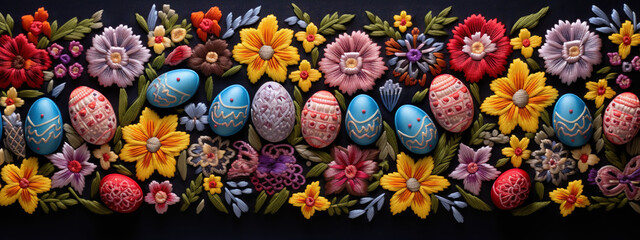 Fototapeta na wymiar Vibrant embroidery banner of Easter decoration showcasing detailed stitch work