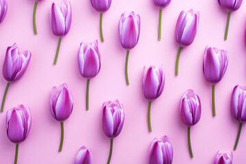 Spring tulip flowers on orchid background top view in flat lay style 