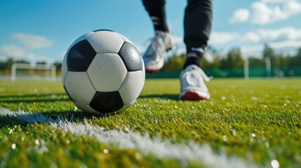 Fototapeta premium The legs of a football player kick the ball on an open playing field, against the backdrop of the sky and green lawn