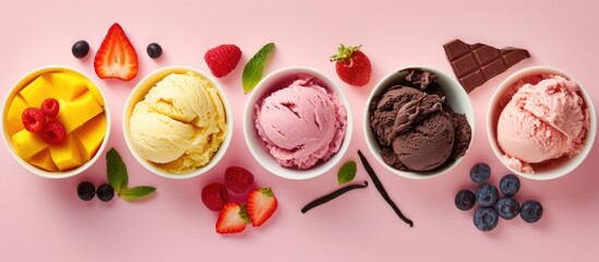 Delicious Array of Ice Cream Scoops with Fresh Berries and Chocolate on Pink