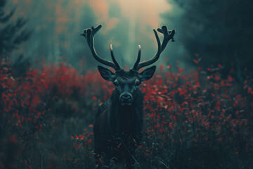 Enigmatic Stag in a Mysterious Red Forest Under Soft Lighting