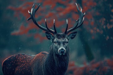 Majestic Stag with Antlers Standing Proudly in a Snowy Red Forest