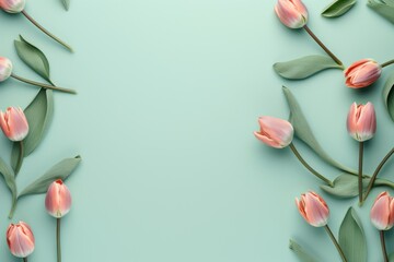 Spring tulip flowers on sage background top view in flat lay style 