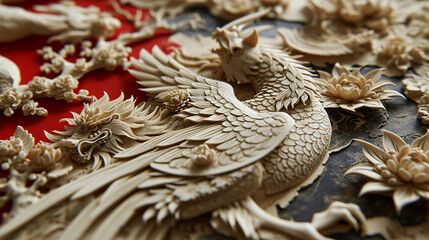 A close-up shot of intricate Chinese paper-cut art depicting zodiac animals and symbols of good fortune.