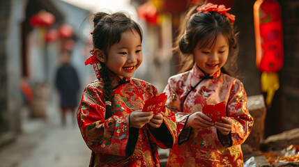 Children dressed in traditional Chinese attire, engaging in the age-old custom of receiving red envelopes with excitement. - obrazy, fototapety, plakaty
