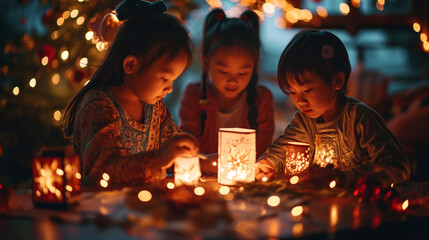 A family crafting intricate paper lanterns together, symbolizing unity and creativity during the holiday season.