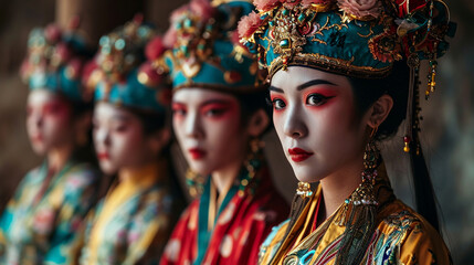 A mesmerizing display of traditional Chinese opera performers showcasing their vibrant costumes and captivating expressions. - obrazy, fototapety, plakaty