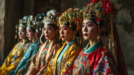 A mesmerizing display of traditional Chinese opera performers showcasing their vibrant costumes and captivating expressions.
