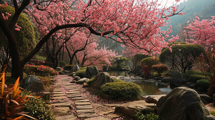 A serene garden setting with cherry blossoms in full bloom, celebrating the beauty of nature during the spring festival.