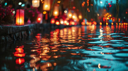 A colorful array of lanterns floating on a river, casting reflections on the water and creating a magical ambiance.