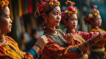 A group of people participating in a lively traditional dance, adorned in vibrant costumes and moving in synchronized harmony.