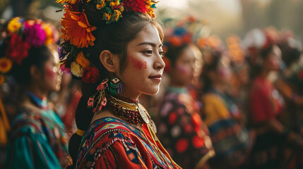 A group of people participating in a lively traditional dance, adorned in vibrant costumes and moving in synchronized harmony. - obrazy, fototapety, plakaty