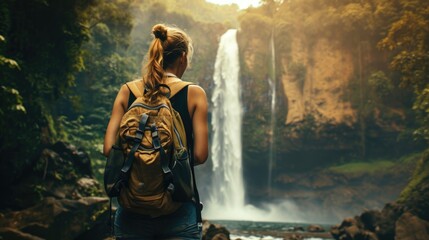 Fototapeta premium Solo Traveler Adventuring Near a Tropical Waterfall