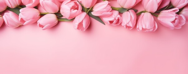 Fototapeta na wymiar Spring tulip flowers on rose background top view in flat lay style 