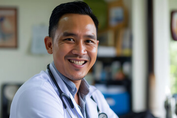 Portrait of a male doctor in hospital. Cheerful Indonesian doctor looking at camera in clinic