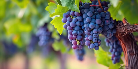 Ripe Blue and Purple Grapes Cluster Hanging from Vine - obrazy, fototapety, plakaty