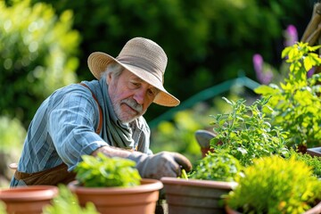 Naklejka na ściany i meble Senior Man Tending to Herbs in Pots in a Sunny Garden