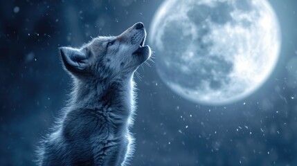 cute little wolf cub howls at night against the backdrop of the big moon. Lonely animal