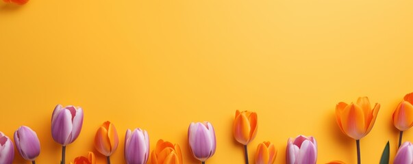 Spring tulip flowers on saffron background top view in flat lay style