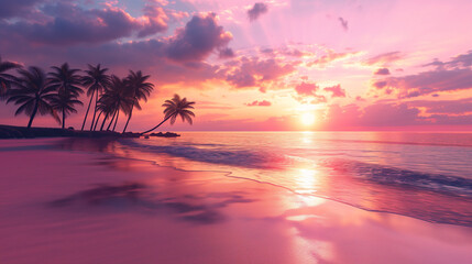 Fototapeta na wymiar Serene Pink Beach Sunset with Tranquil Sea, Palm Trees and Golden Sky