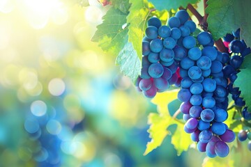 Vibrant Bunch of Blue Grapes Hanging from Vine with Sunlit Bokeh