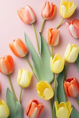 Spring tulip flowers on silver background top view in flat lay style 