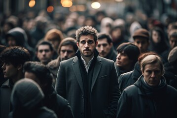 Distinct Man portrait on crowded street. Confident male in front of urban mass people. Generate ai