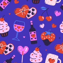 Colorful vector seamless pattern of wine, strawberry, cherry, cake, candies on blue background. Love and sweets. Valentine's Day. Hand drawn print for fabrics, wallpaper, wrapping paper, gift bags