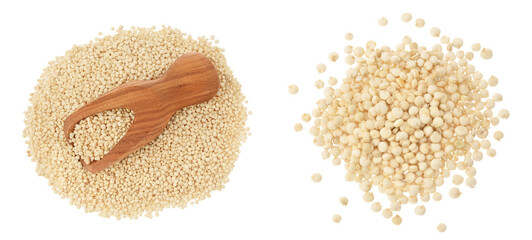white quinoa seeds in wooden scoop isolated on white background with full depth of field. Top view....
