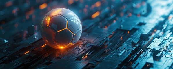 Futuristic soccer ball illuminated by dynamic lights on a technological field